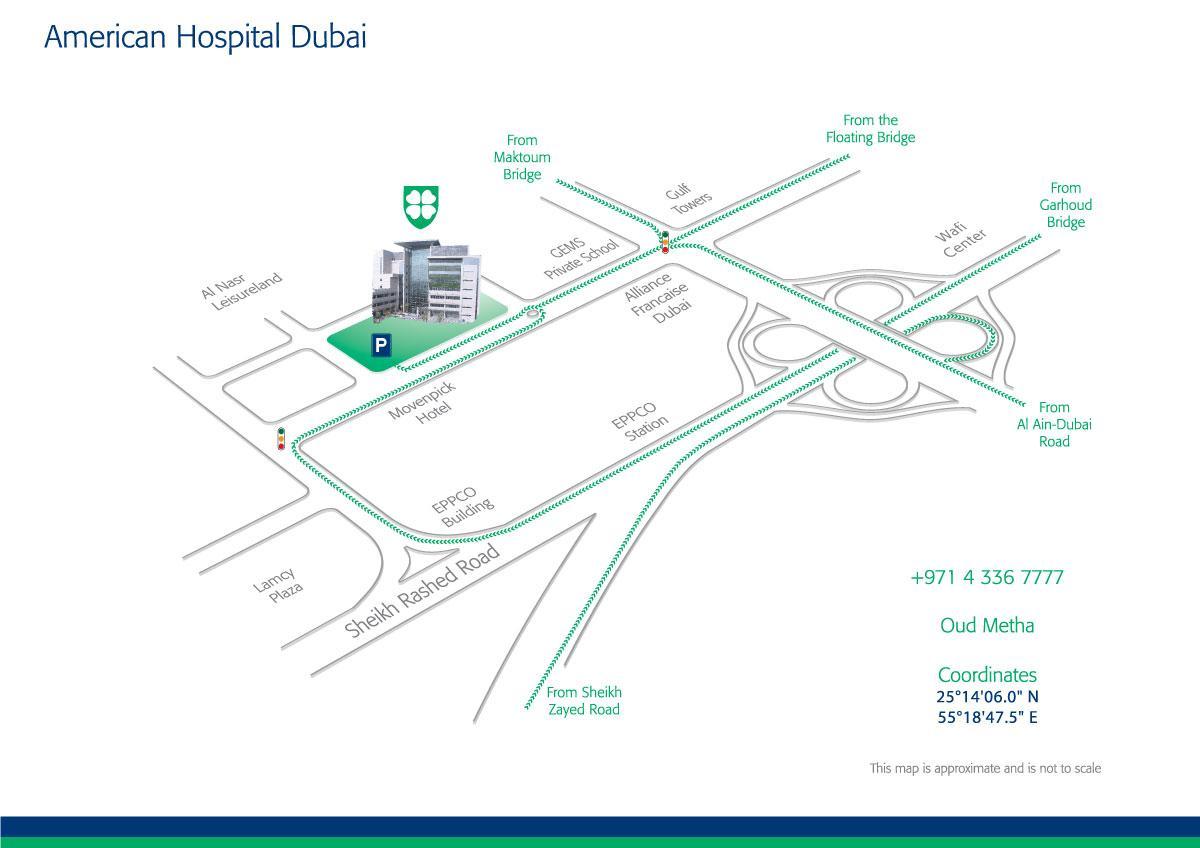 mapa American hospital Dubai