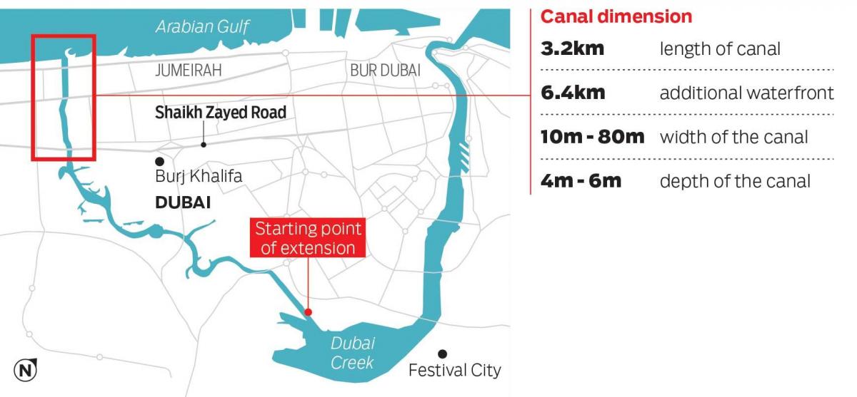 mapa Dubai canal